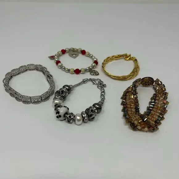 Lot 5 Jewelry Bracelets Costume Bella Perlina Gold Silver Tone Heart Shiny Beads - Picture 2 of 13